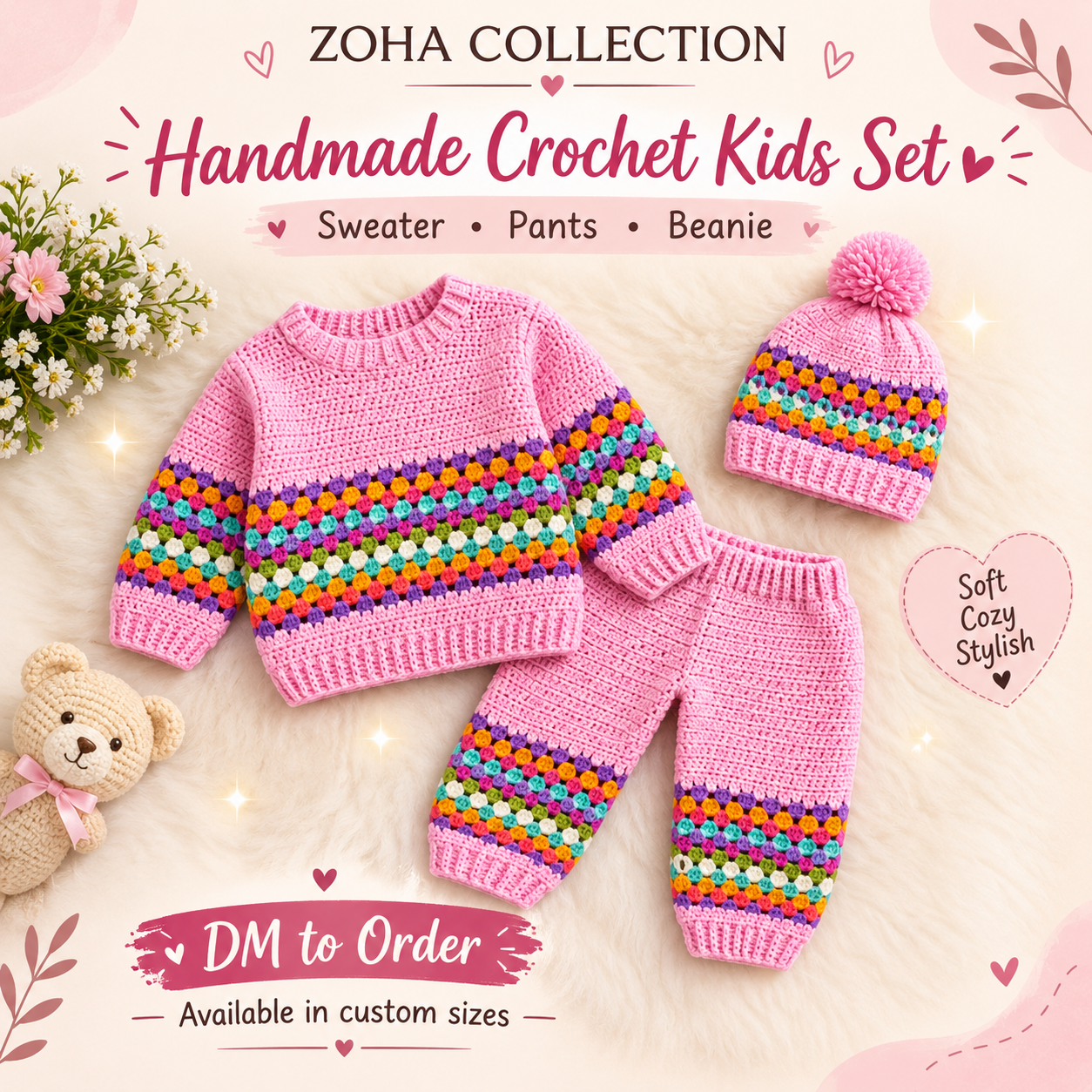 Handmade Crochet Baby & Kids 3-Piece Outfit Set – Sweater, Pants & Beanie | Newborn & cute designs Clothing