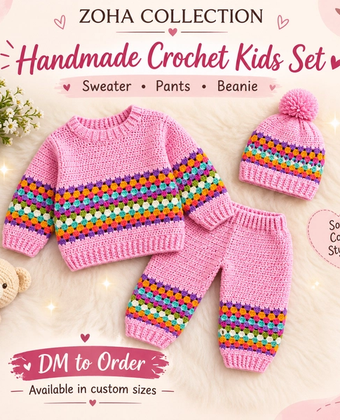 Handmade Crochet Baby & Kids 3-Piece Outfit Set – Sweater, Pants & Beanie | Newborn & cute designs Clothing