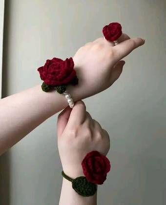 Handmade Handmade Crochet Rose Bracelet with Matching Ring – Flower Jewelry, Gajra Wrist Accessory for Women & Girls, Wedding & Party Wear