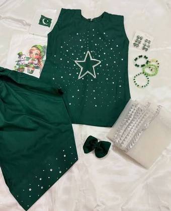 Kids Pakistan Day Green & White Star Dress Set