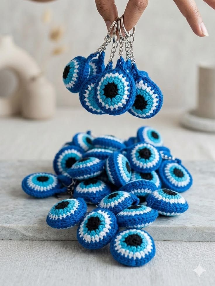 Handmade Evil Eye Crochet Keychain – Protective Nazar Key Ring Charm