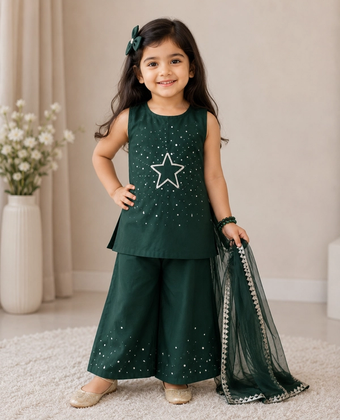 Kids Pakistan Day Green & White Star Dress Set