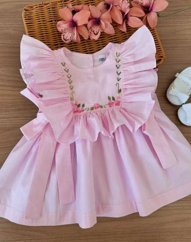 Baby Girl Pink Embroidered Frill Frock – Floral Embroidery Layered Frill Dress for Girls