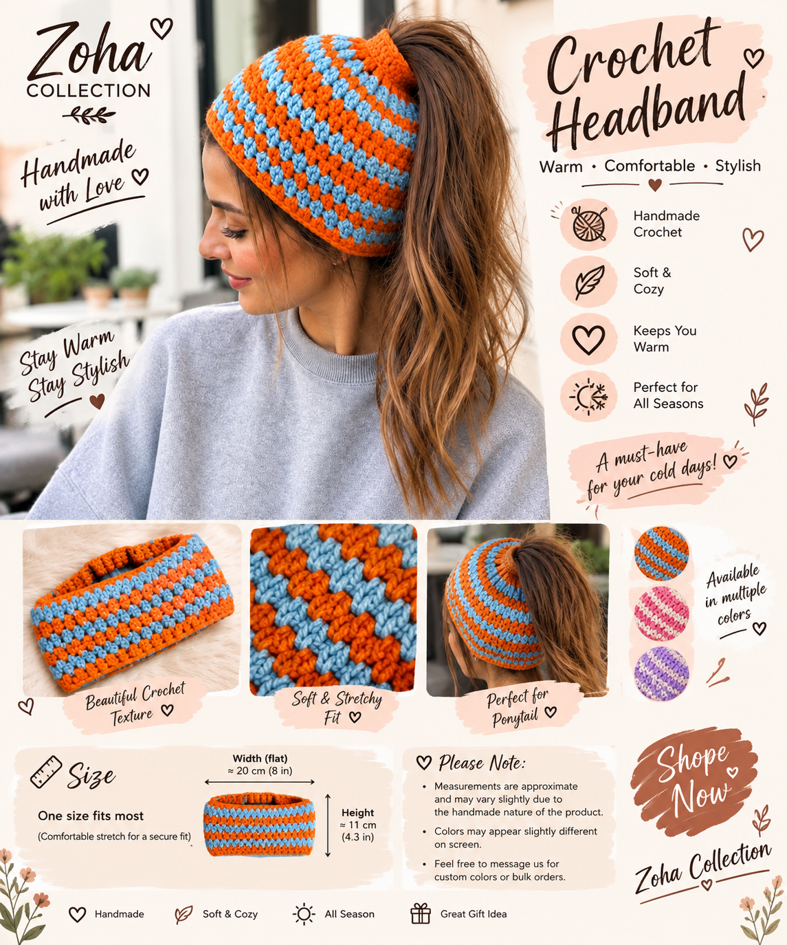 Handmade Crochet Ponytail Headband & Ear Warmer – Orange & Sky Blue Striped Winter Headband with Ponytail Opening
