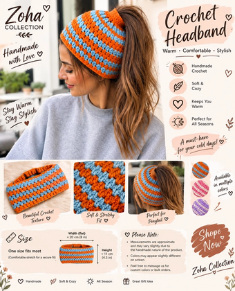 Handmade Crochet Ponytail Headband & Ear Warmer – Orange & Sky Blue Striped Winter Headband with Ponytail Opening