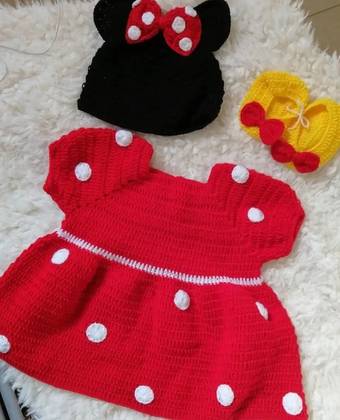 Handmade Crochet Baby Girl Frock Set 3 Piece – Woolen Baby Dress with Matching Cap & Shoes, Newborn Baby Outfit