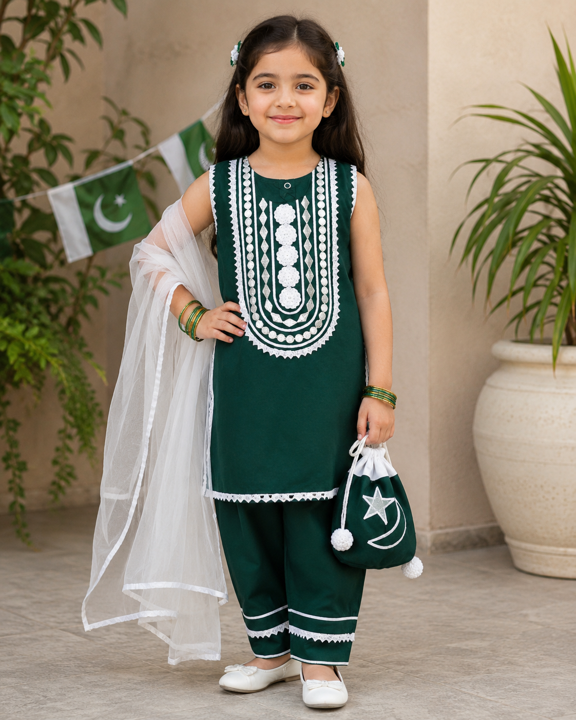Pakistan Day Special Kids 4-Piece Green & White Embroidered Dress Set with Dupatta, Potli Bag