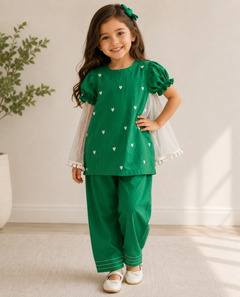 Stylish 14 August Dress for Baby Girls – Green 3 Piece Lawn Suit with Embroidered Hearts, Farshi Shalwar & White Dupatta