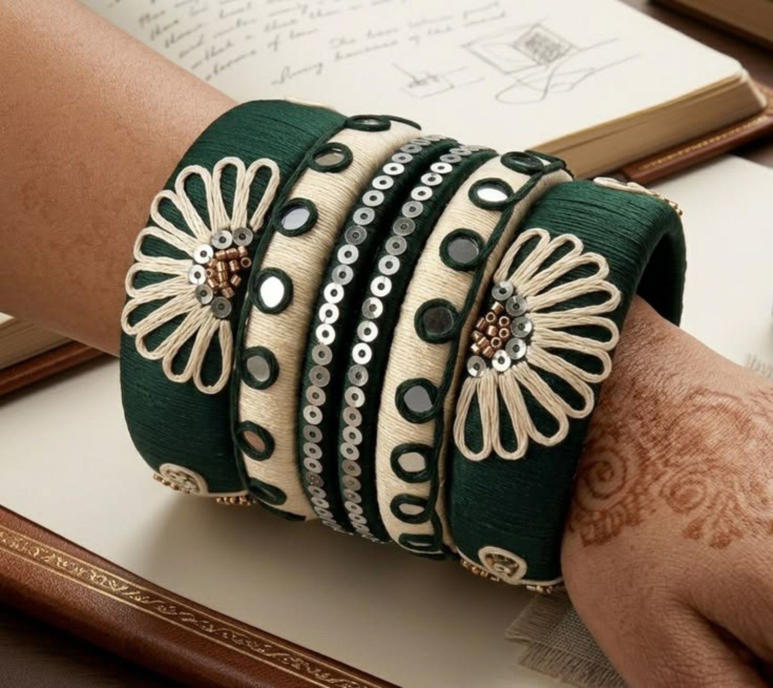 Emerald Bloom Handmade Thread Bangles Set