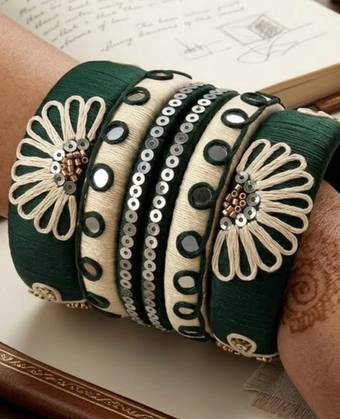 Emerald Bloom Handmade Thread Bangles Set