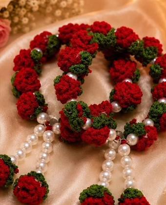 Handmade Crochet Rose Floral gajra Set with Pearl Tassels