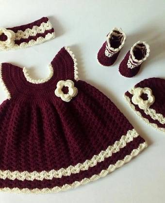 Handmade Crochet Baby Girl Dress Set with Hat, Booties & Headband