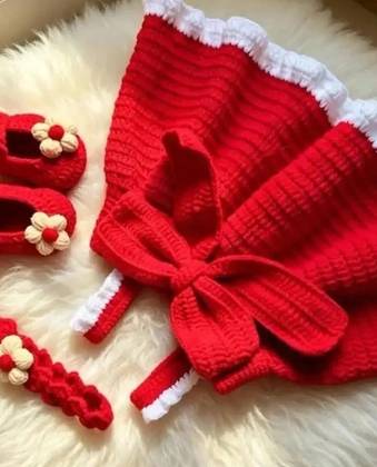 Handmade Crochet Baby Girl Dress Set – Red & White Frock with Matching Shoes, Headband & Bow
