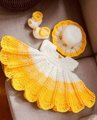 Crochet Baby Girl 3-Piece Dress Set – Handmade Yellow Frock with Matching Hat & Shoes, Baby Girl Outfit