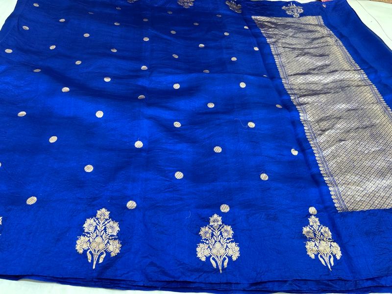 Midnight Blue Raw Silk, Silver Zari — detail