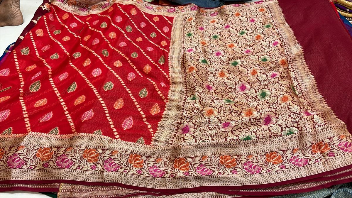 Sea Green Khaddi Chiffon, Printed Pallu