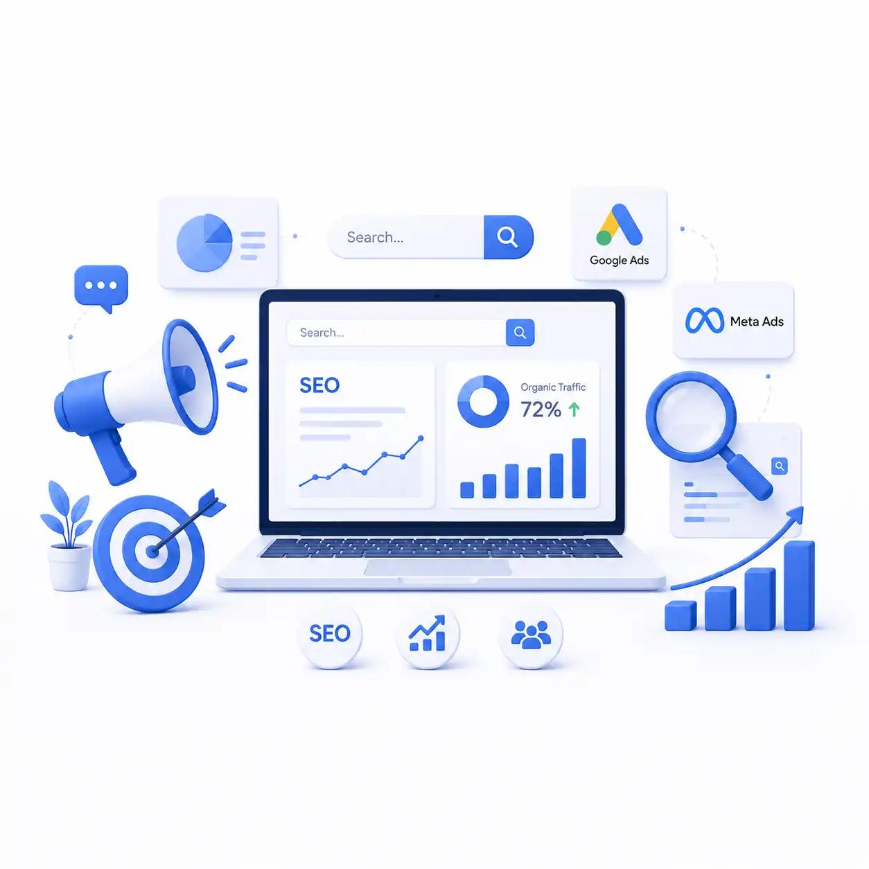 Customer journey illustration showing organic search, paid search, and social media advertising touchpoints.