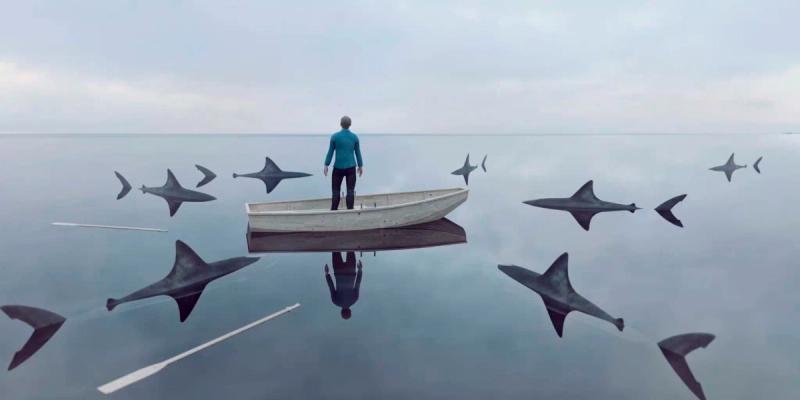 Modig mand med masser af selvtillid, der står i en båd, omgivet af hajer