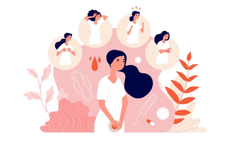 Illustration av en kvinnas känslomässiga påverkan under en menstruationscykel