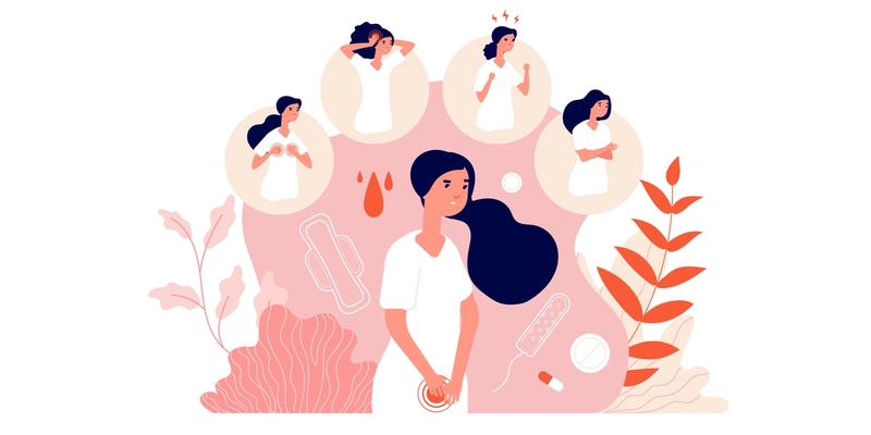 Illustration av en kvinnas känslomässiga påverkan under en menstruationscykel