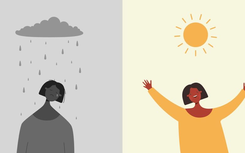 En kvinde i dårligt humør (illustreret af en grå tegning af en nedtrykt kvinde i regnvejr) som kommer i godt humør (illustreret af samme kvinde malet med farver, mens hun jubler i solskinnet)