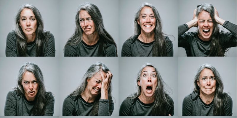Kvinna med svåra humörsvängningar - kollage av olika känslomässiga ansiktsuttryck
