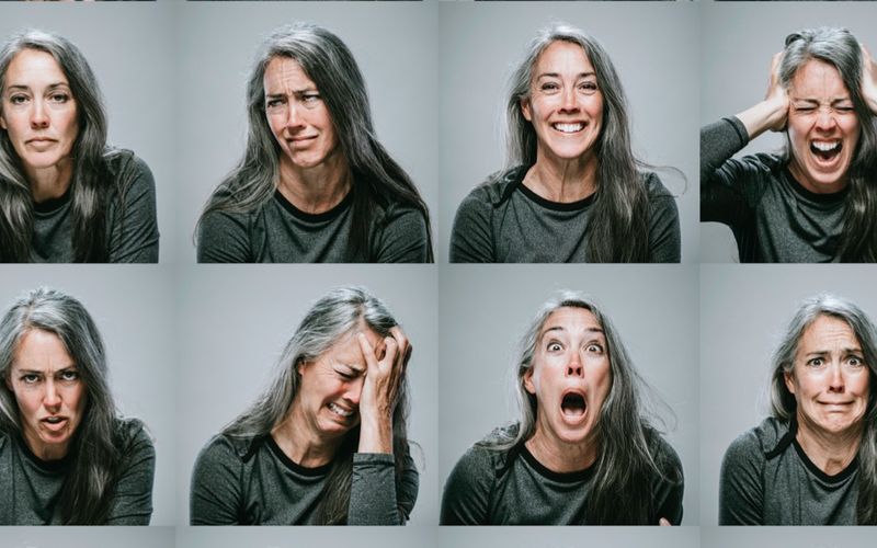 Kvinna med svåra humörsvängningar - kollage av olika känslomässiga ansiktsuttryck