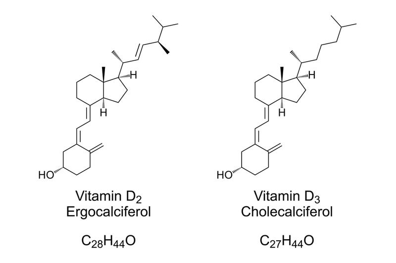 Forskel i kemisk opbygning af D2 (ergocalciferol) og D3 (cholecalciferol)