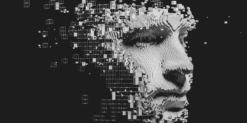 Illustration of a mans face made out of little cubes soming together and forming his face