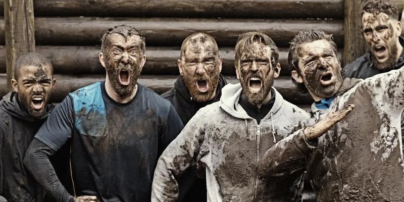 En gruppe af maskuline mænd, tilsølet i mudder og brølende af styrke