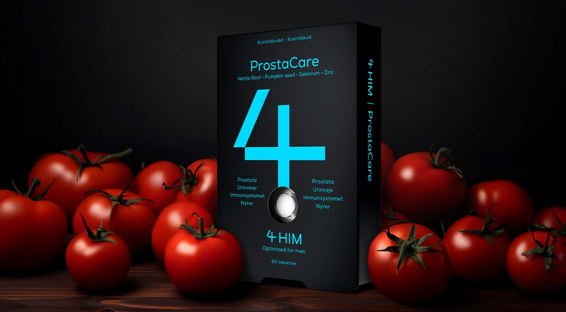 ProstaCare, et lycopen-kosttilskud, som står omkranset af tomater.