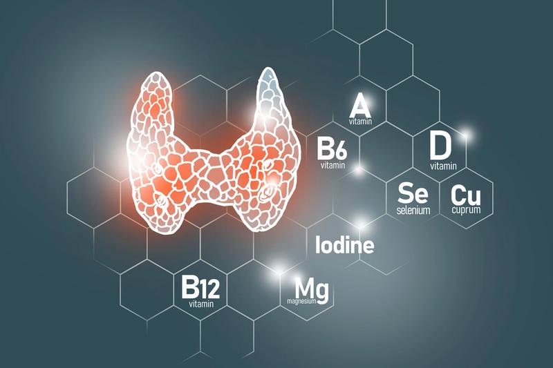 Image of the thyroid gland surrounded by various vitamins and minerals, including selenium