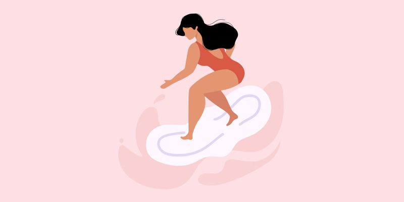 Illustration af kvinde, der surfer på et menstruationsbind
