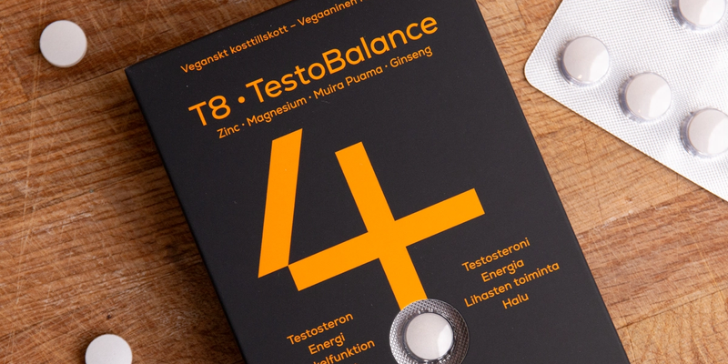 En æske T8 kosttilskud med teksten: "T8 Testobalance 4HIM"