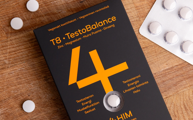 En æske T8 kosttilskud med teksten: "T8 Testobalance 4HIM"