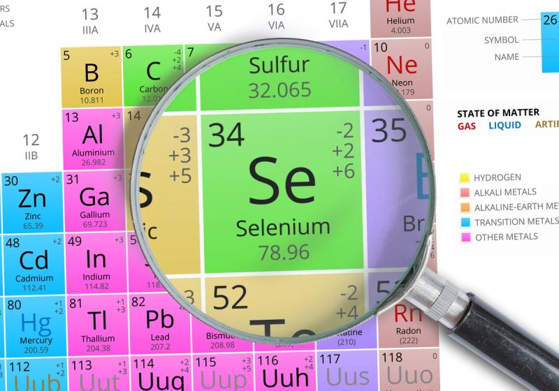 Bilde av selen og dens plass i det periodiske systemet. 