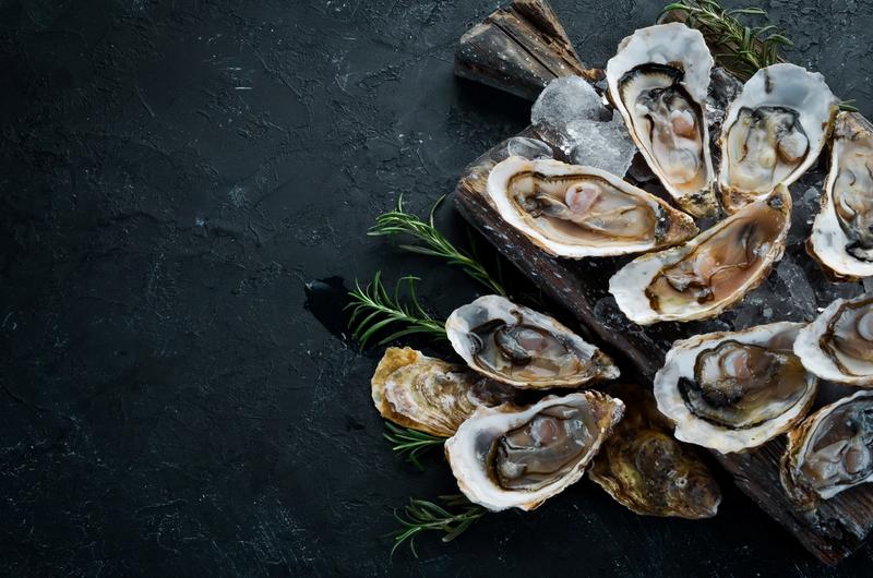 Open oysters served on a platter 