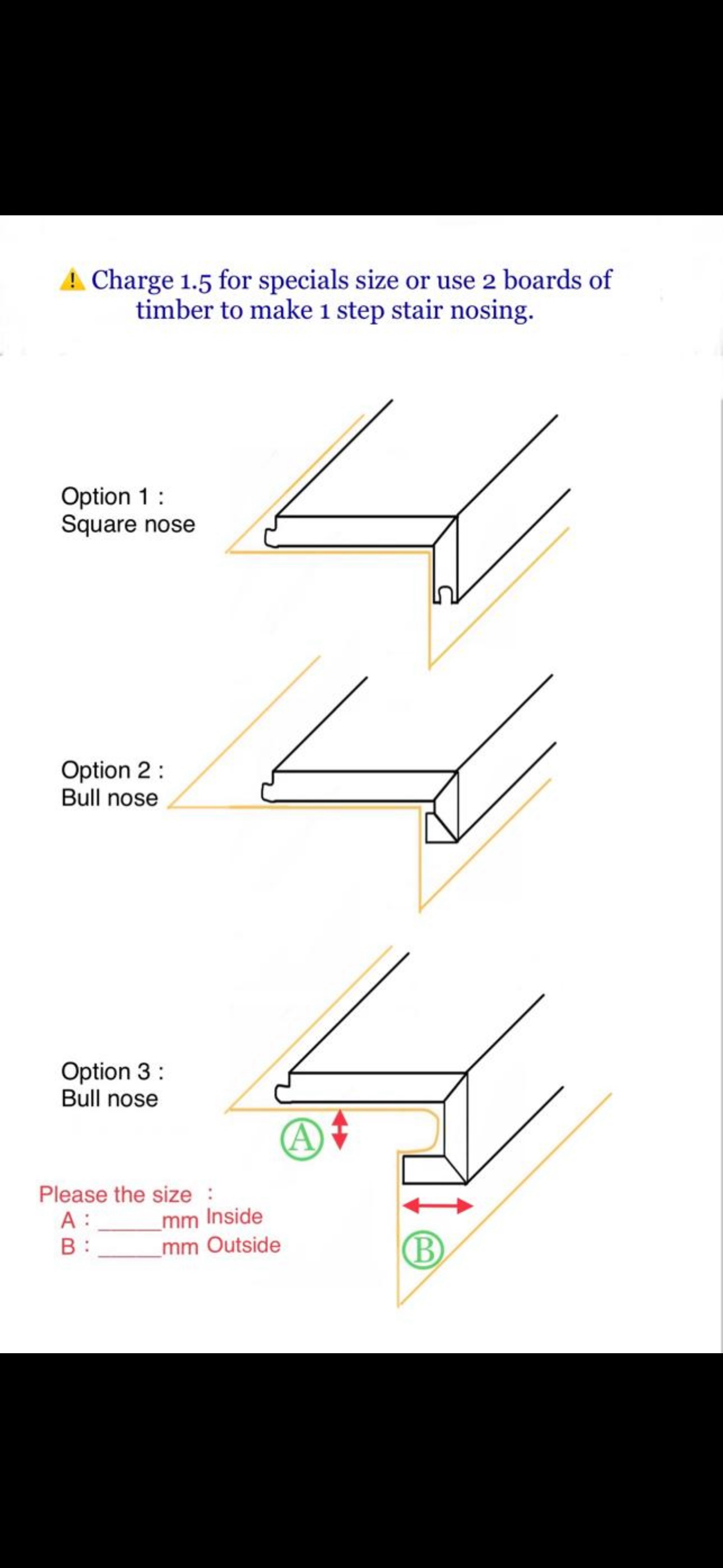 Diagram comparing square-nose and two bull-nose timber stair-nosing profiles, including custom inside and outside dimensions.