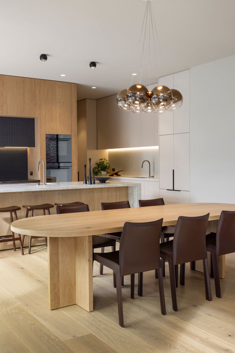 Dining room detail showing Avoca Bay engineered oak flooring in Kew.