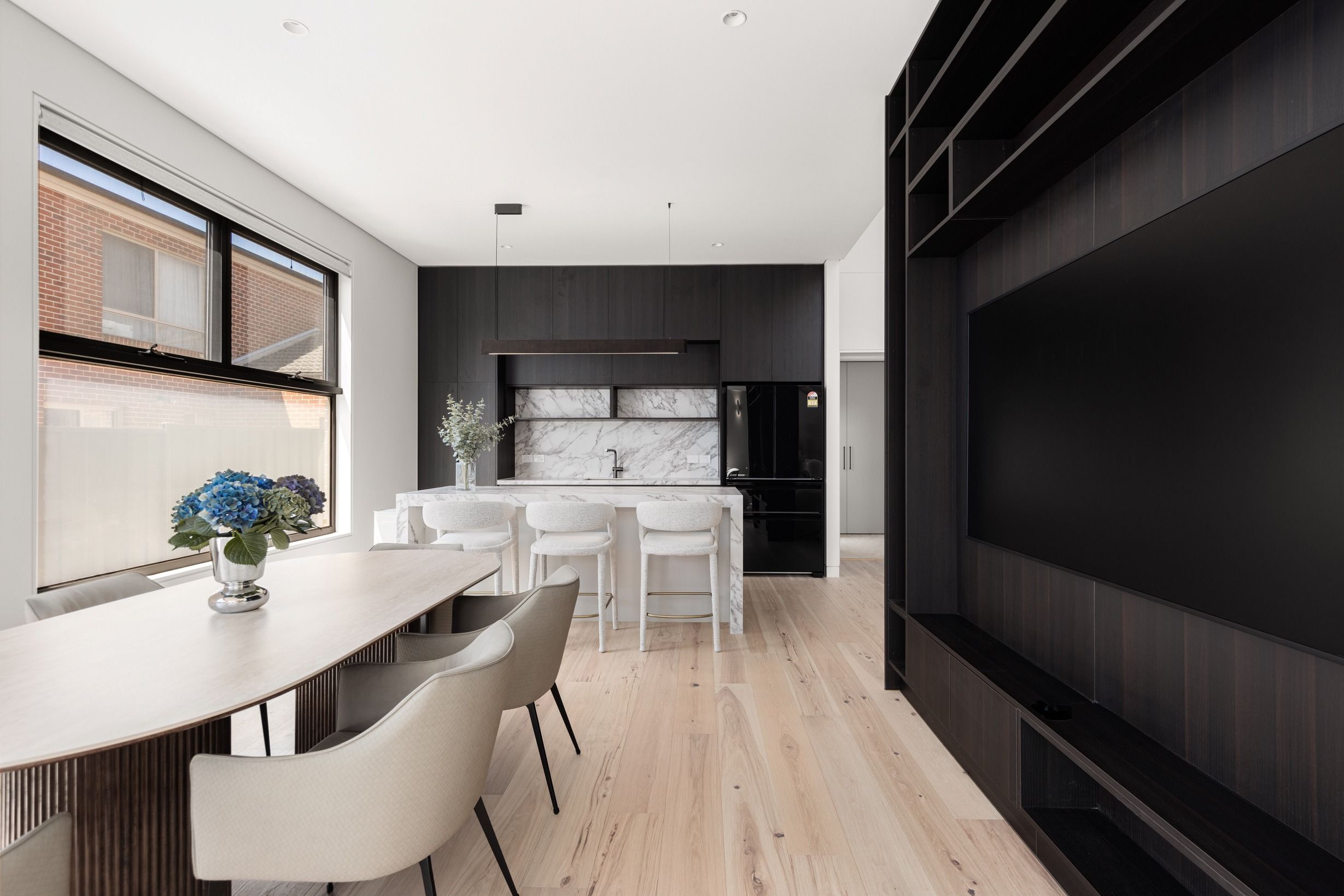 Danehill American Hickory flooring through a Wheelers Hill dining and kitchen area.