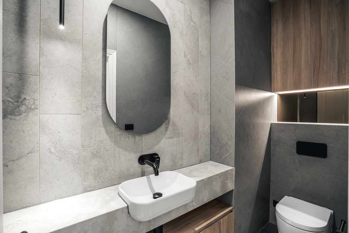Powder room interior detail in the completed Kew residence.