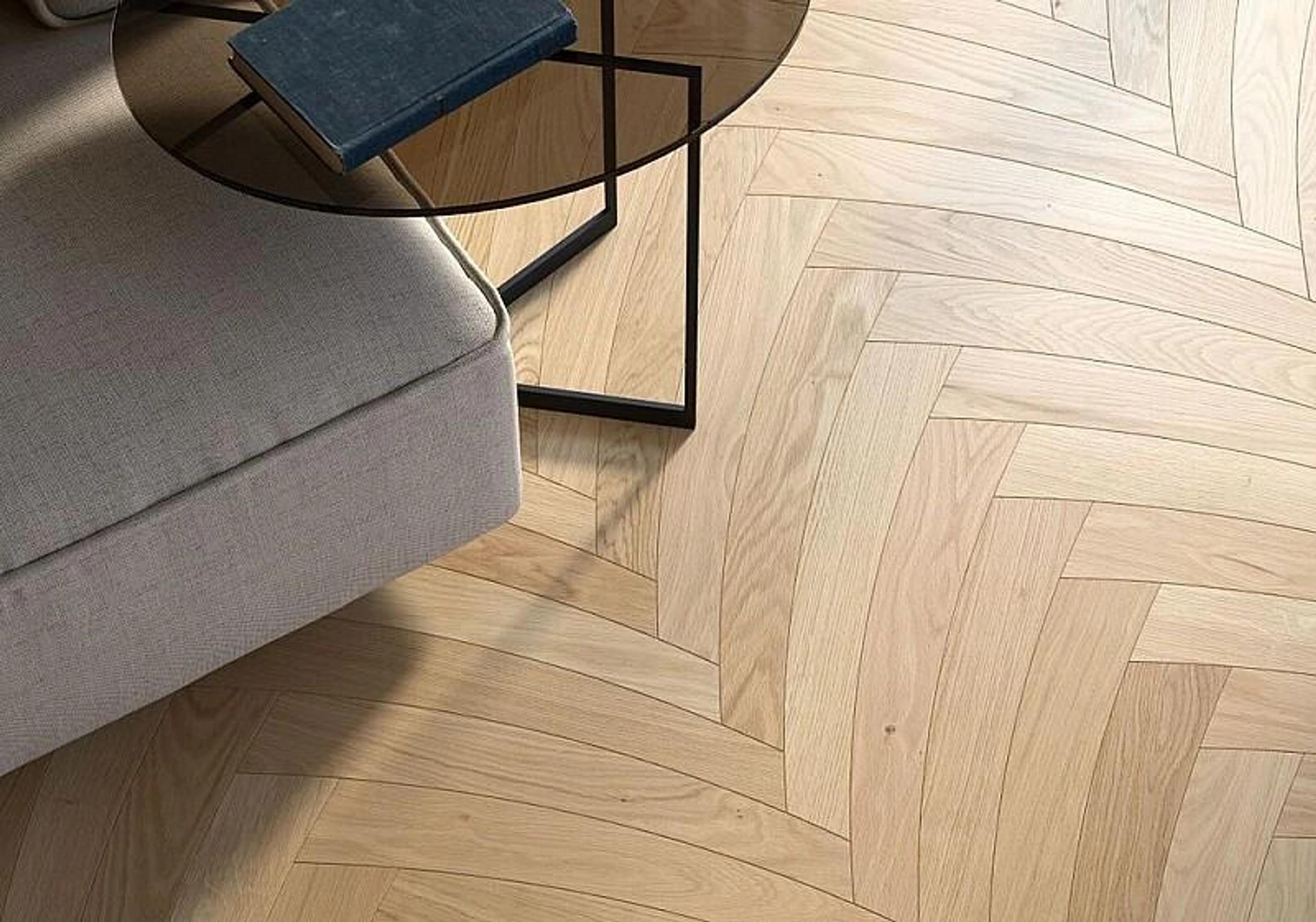 Pale European oak curved herringbone flooring in a contemporary living room