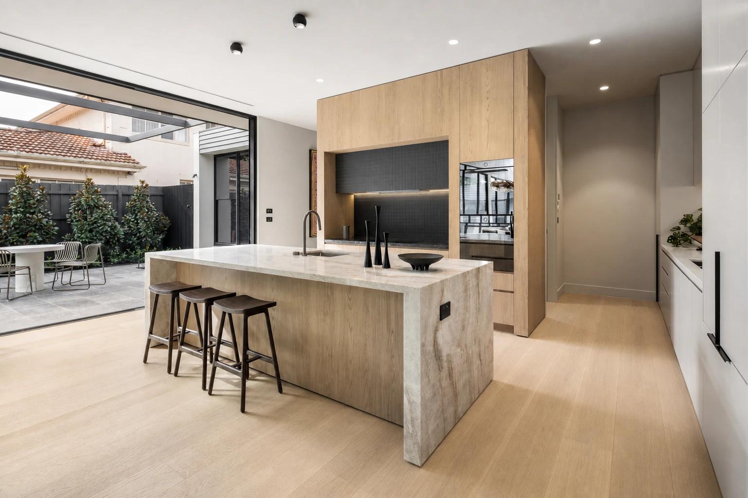 Prime-grade pale French oak plank flooring in a contemporary residential kitchen