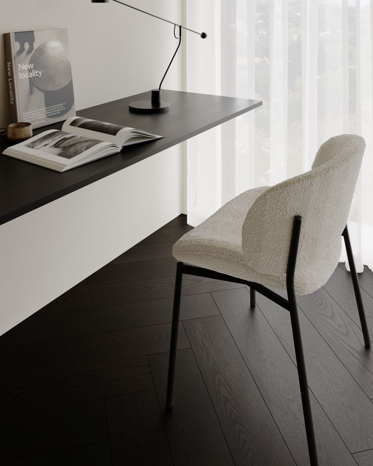 Brunico Herringbone installed in a contemporary home office with dark European Ash herringbone flooring.