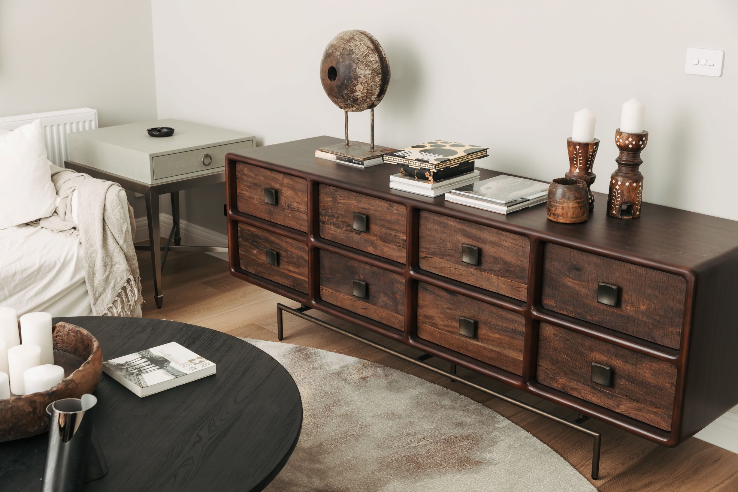 Furnished Canterbury living room with Chesterfield oak flooring.