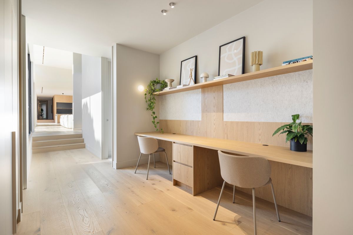Straight-plank Avoca Bay oak flooring connecting a Kew hallway and home office.