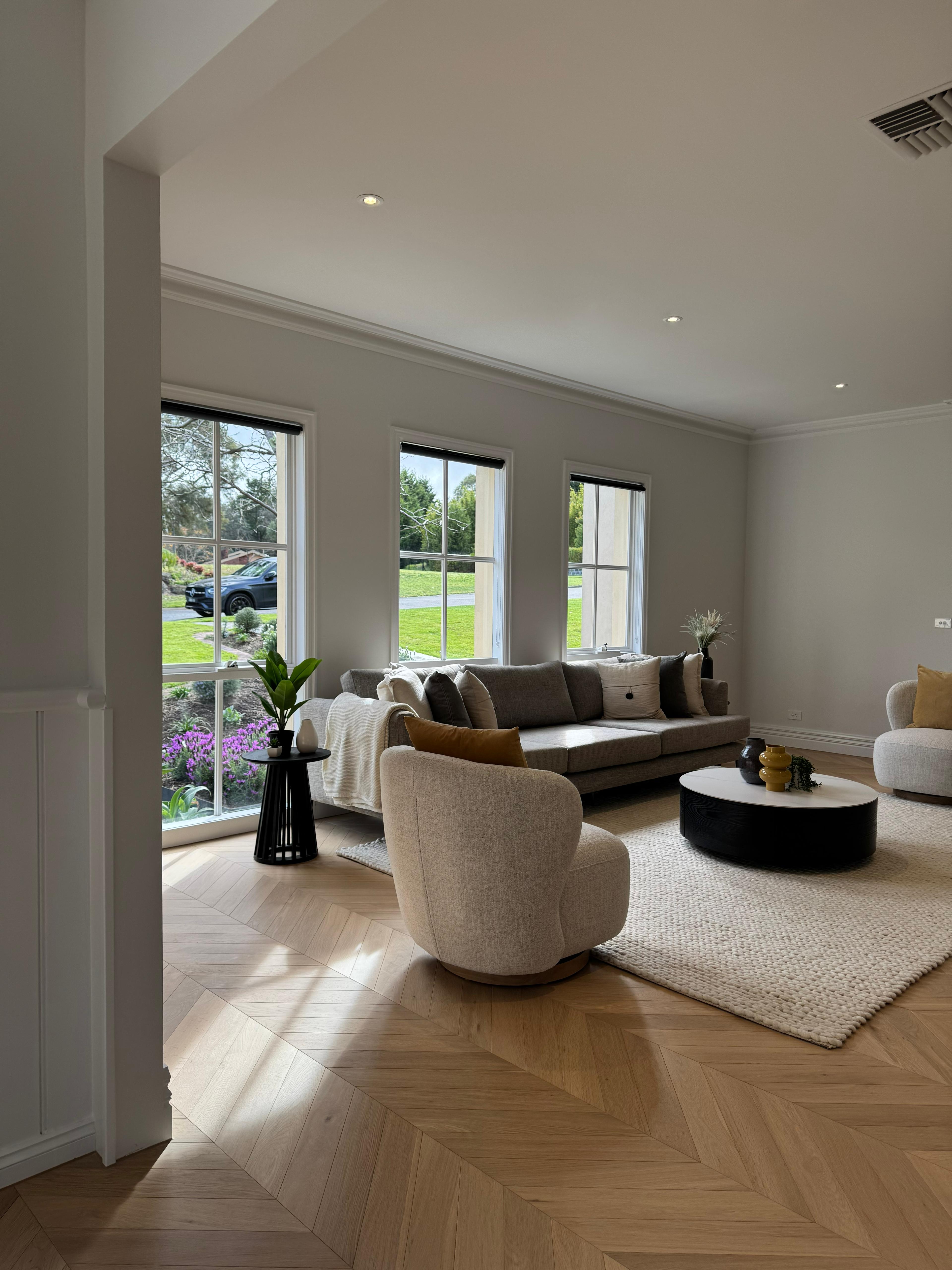 Chevron Mellow Beige engineered European oak flooring interior scene