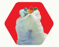 Plastic bag of mixed recyclables on a red hexagonal background.