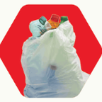 Plastic bag of mixed recyclables on a red hexagonal background.
