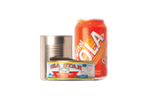 A tall metal can, a small can of "Sea Star Chunk Light Tuna," and a red "Cola Original" soda can.